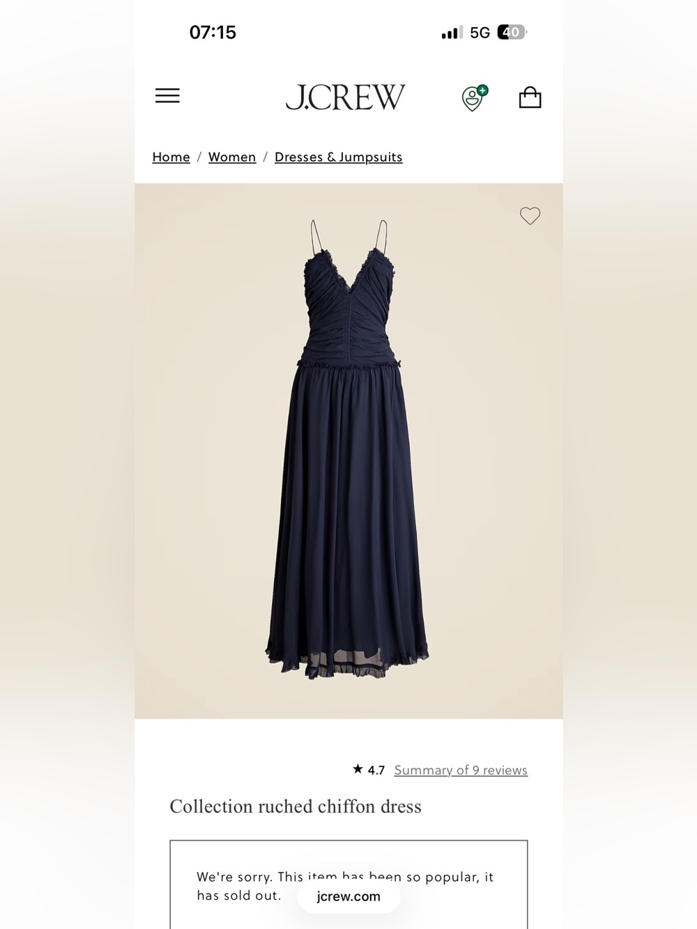 J. Crew Navy Ruched Chiffon Spaghetti-Strap Maxi Dress